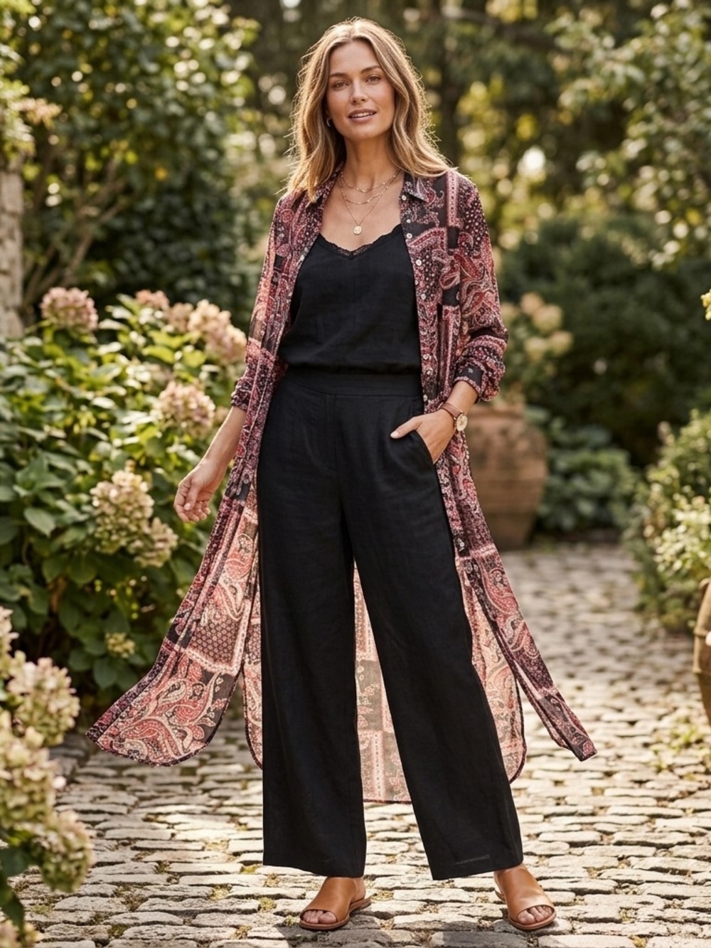Women’s Black Linen Blend Wide-Leg Jumpsuit with Pink Paisley Duster